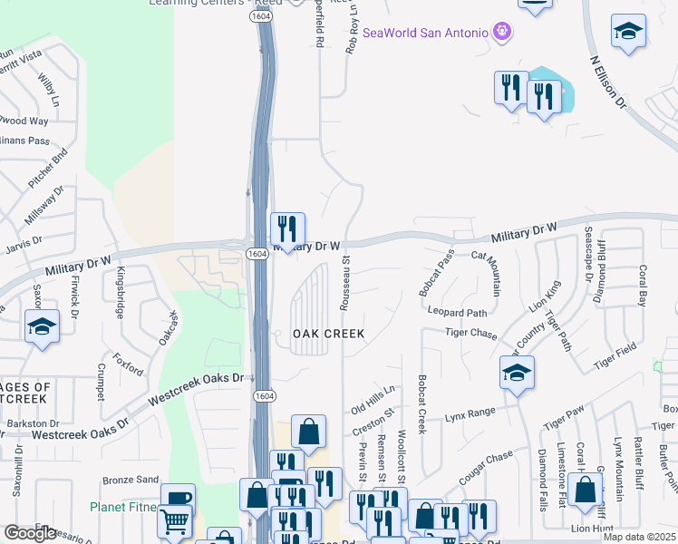map of restaurants, bars, coffee shops, grocery stores, and more near 11643 Rousseau Street in San Antonio