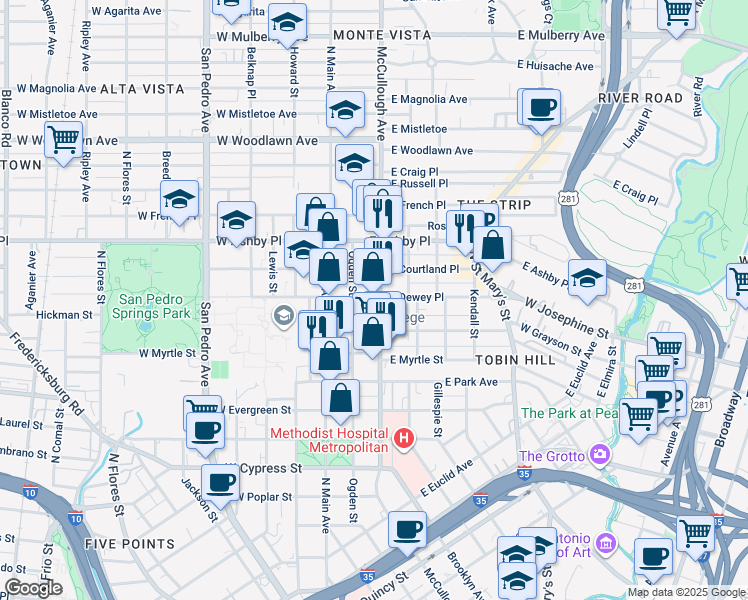 map of restaurants, bars, coffee shops, grocery stores, and more near 1827 McCullough Avenue in San Antonio