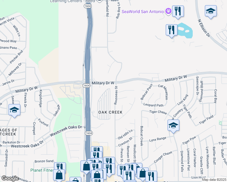map of restaurants, bars, coffee shops, grocery stores, and more near 11643 Rousseau Street in San Antonio