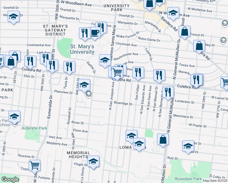 map of restaurants, bars, coffee shops, grocery stores, and more near 627 North San Joaquin Avenue in San Antonio