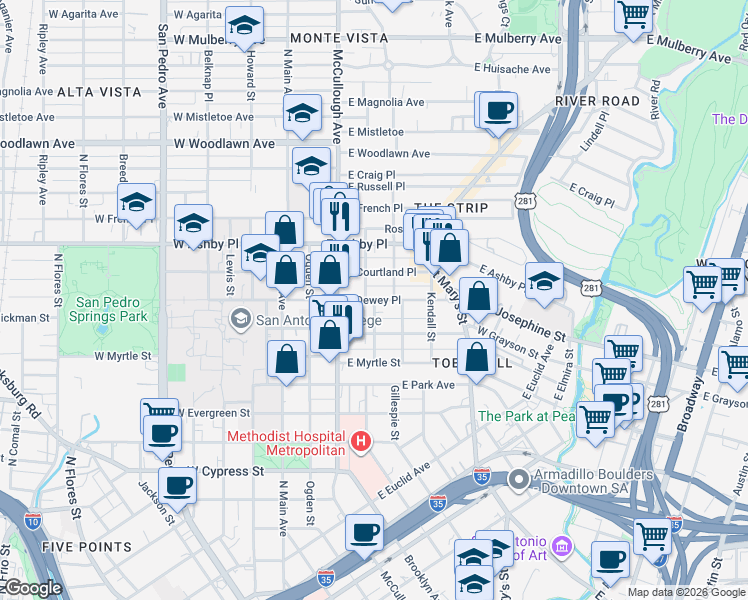 map of restaurants, bars, coffee shops, grocery stores, and more near E Dewey Pl & Paschal St in San Antonio