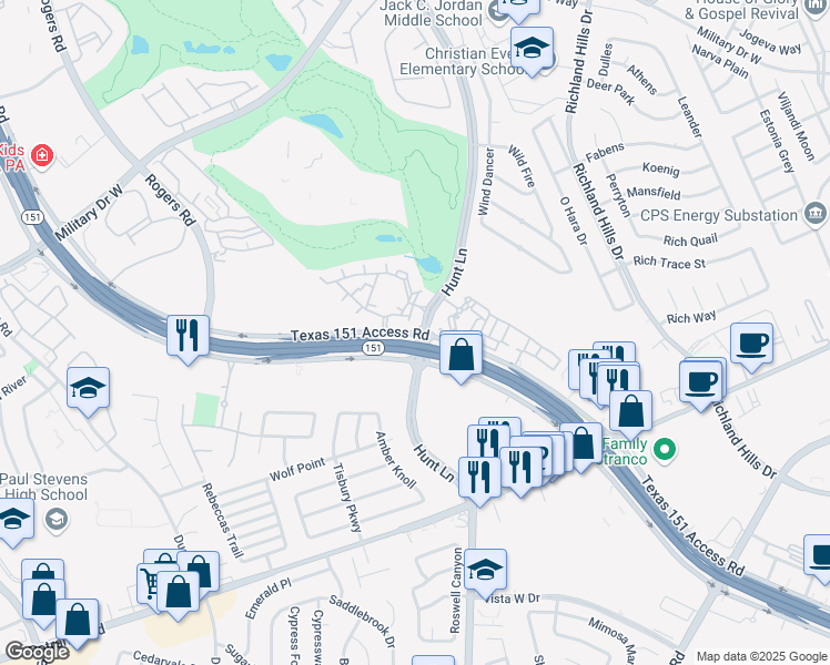 map of restaurants, bars, coffee shops, grocery stores, and more near Texas 151 Access Road in San Antonio