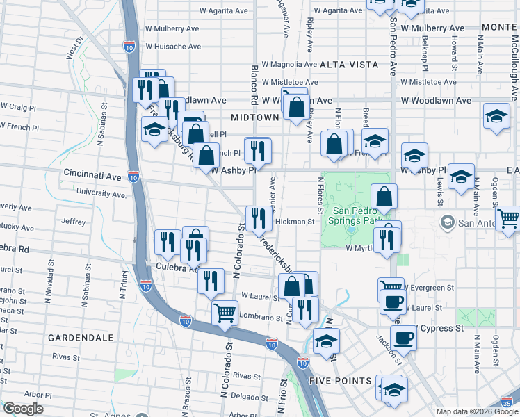 map of restaurants, bars, coffee shops, grocery stores, and more near 103 Blanco Road in San Antonio
