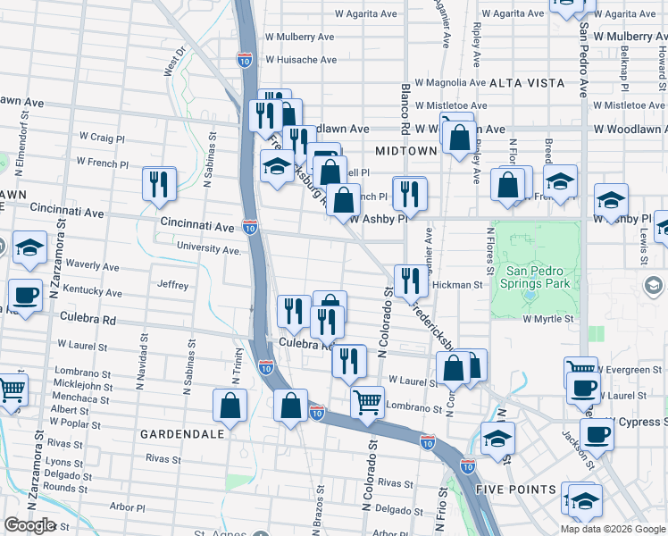 map of restaurants, bars, coffee shops, grocery stores, and more near 101 Yale Avenue in San Antonio