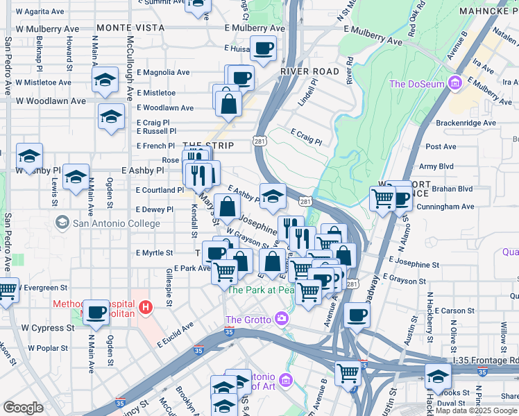 map of restaurants, bars, coffee shops, grocery stores, and more near in San Antonio