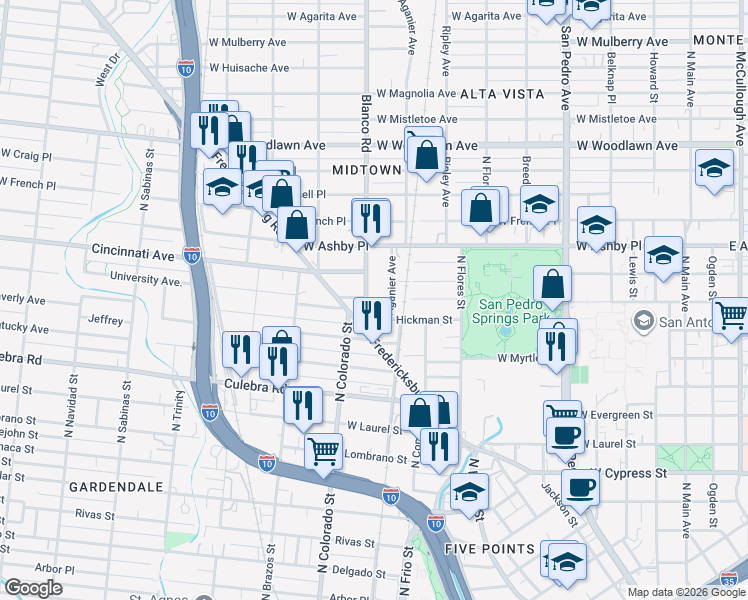 map of restaurants, bars, coffee shops, grocery stores, and more near 103 Blanco Road in San Antonio