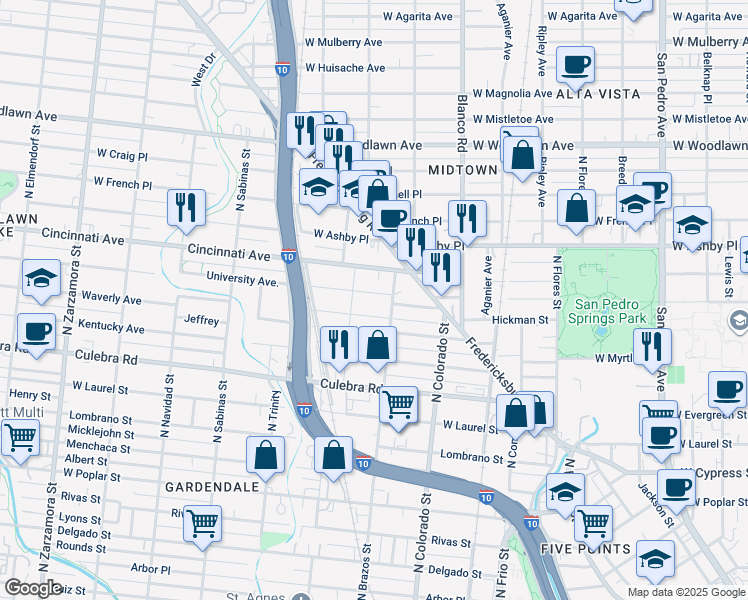 map of restaurants, bars, coffee shops, grocery stores, and more near 101 Yale Avenue in San Antonio