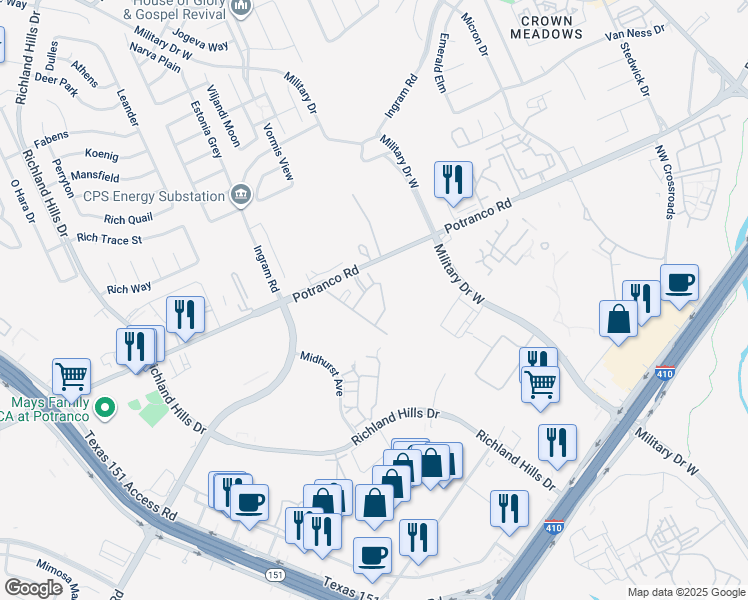 map of restaurants, bars, coffee shops, grocery stores, and more near 8330 Potranco Road in San Antonio