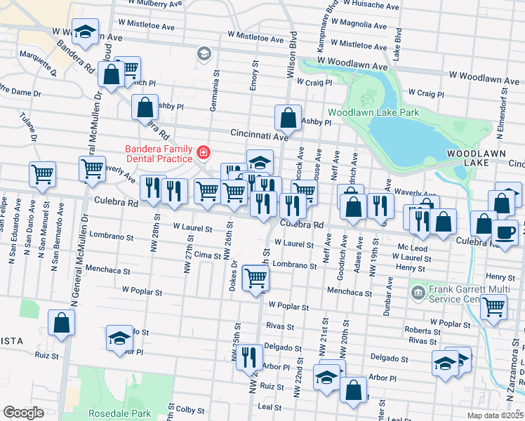 map of restaurants, bars, coffee shops, grocery stores, and more near 2100 Culebra Road in San Antonio
