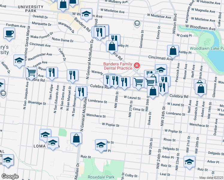 map of restaurants, bars, coffee shops, grocery stores, and more near 3322 West Laurel in San Antonio