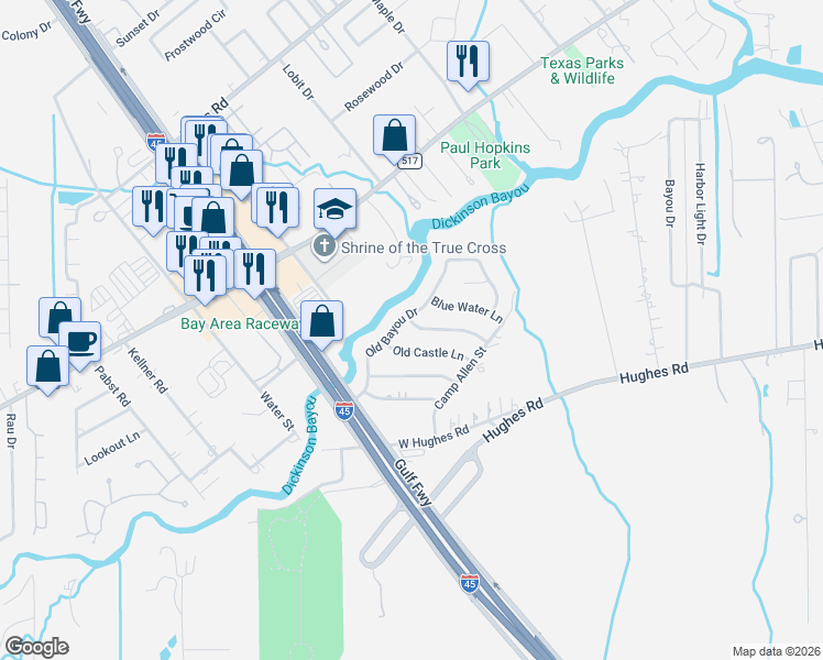 map of restaurants, bars, coffee shops, grocery stores, and more near 300 Old Bayou Drive in Dickinson