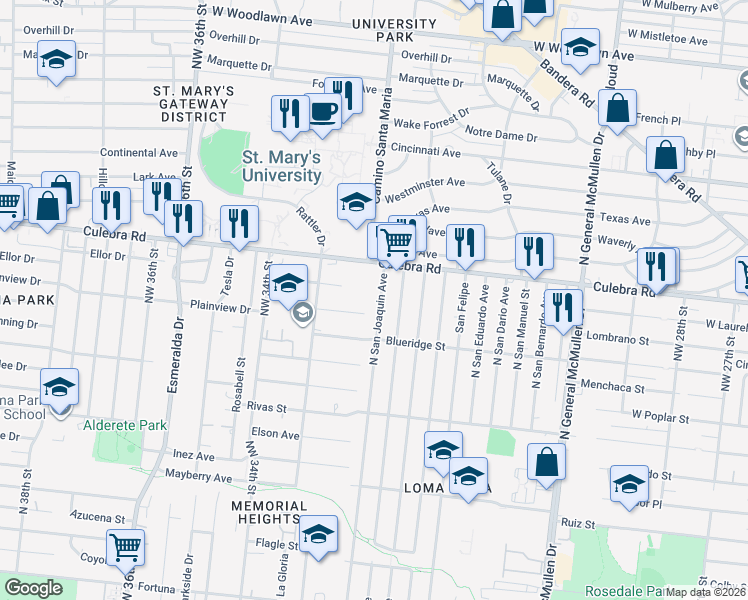 map of restaurants, bars, coffee shops, grocery stores, and more near 627 North San Joaquin Avenue in San Antonio