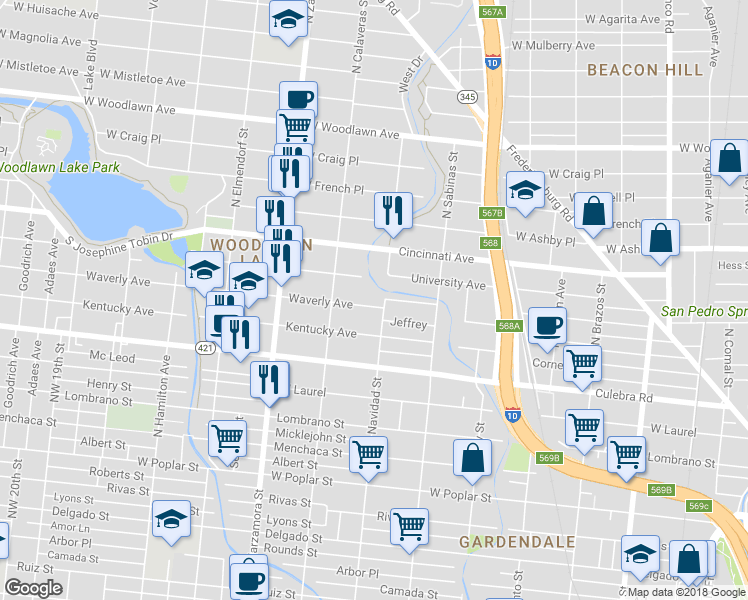 map of restaurants, bars, coffee shops, grocery stores, and more near 145 Jeffrey in San Antonio