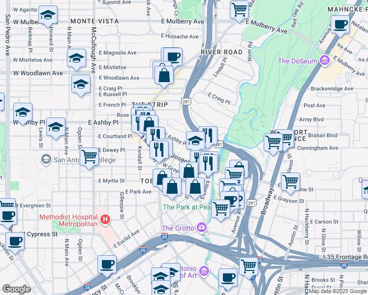 map of restaurants, bars, coffee shops, grocery stores, and more near 806 East Ashby Place in San Antonio