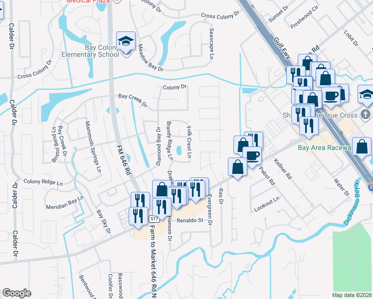 map of restaurants, bars, coffee shops, grocery stores, and more near 423 Folk Crest Lane in Dickinson