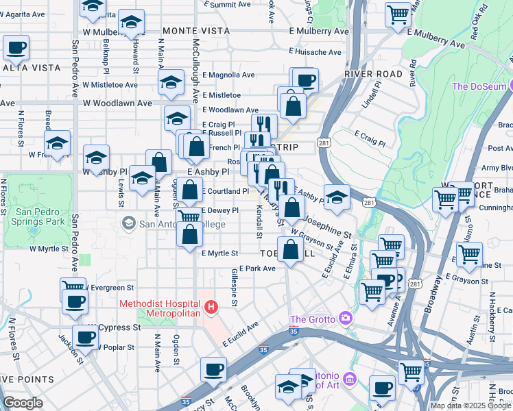 map of restaurants, bars, coffee shops, grocery stores, and more near 526 East Courtland Place in San Antonio