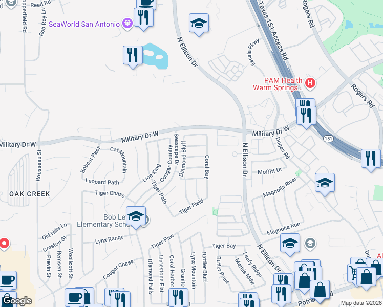 map of restaurants, bars, coffee shops, grocery stores, and more near 10319 Lynx Crossing in San Antonio