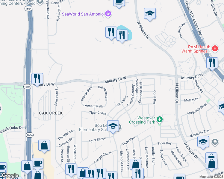 map of restaurants, bars, coffee shops, grocery stores, and more near 1345 Leopard Hunt in San Antonio