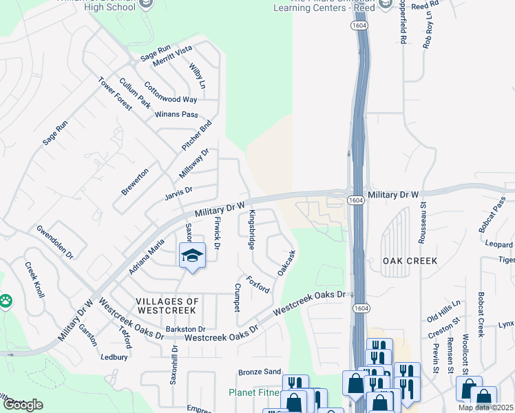 map of restaurants, bars, coffee shops, grocery stores, and more near 11610 Kintbury in San Antonio