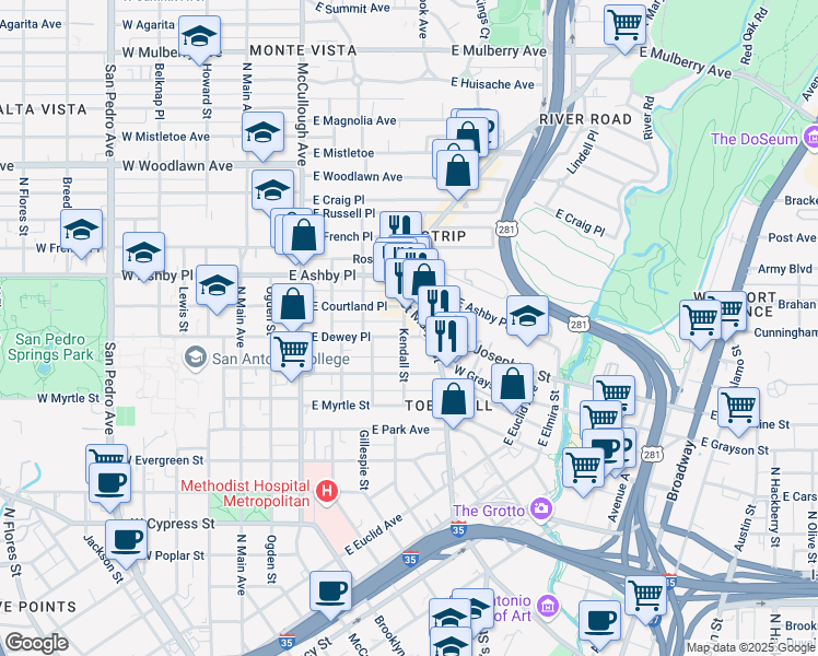 map of restaurants, bars, coffee shops, grocery stores, and more near 2332 North Saint Mary's Street in San Antonio