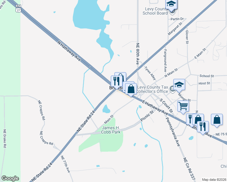 map of restaurants, bars, coffee shops, grocery stores, and more near 185 Thrasher Drive in Bronson