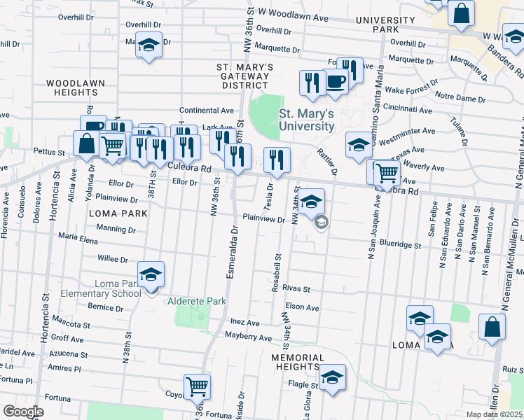 map of restaurants, bars, coffee shops, grocery stores, and more near 207 Vanley Drive in San Antonio