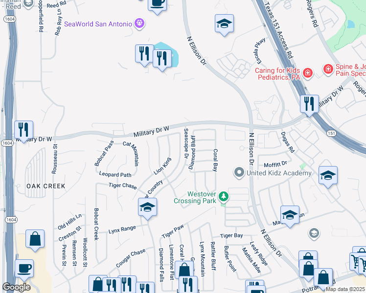 map of restaurants, bars, coffee shops, grocery stores, and more near 1415 Diamond Bluff in San Antonio