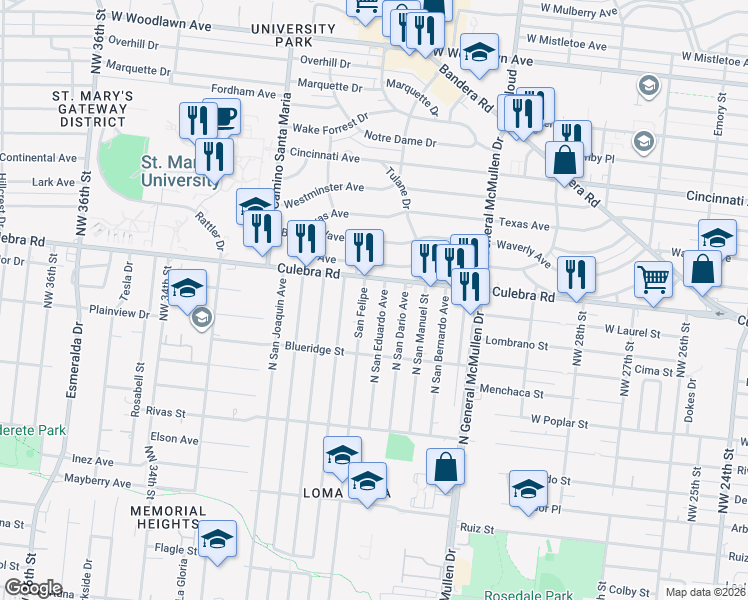 map of restaurants, bars, coffee shops, grocery stores, and more near 2842 Culebra Road in San Antonio