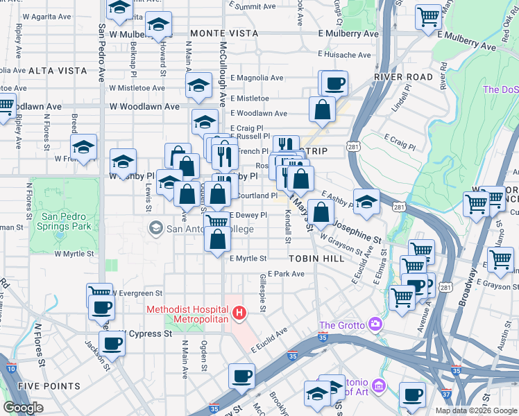map of restaurants, bars, coffee shops, grocery stores, and more near 420 East Courtland Place in San Antonio