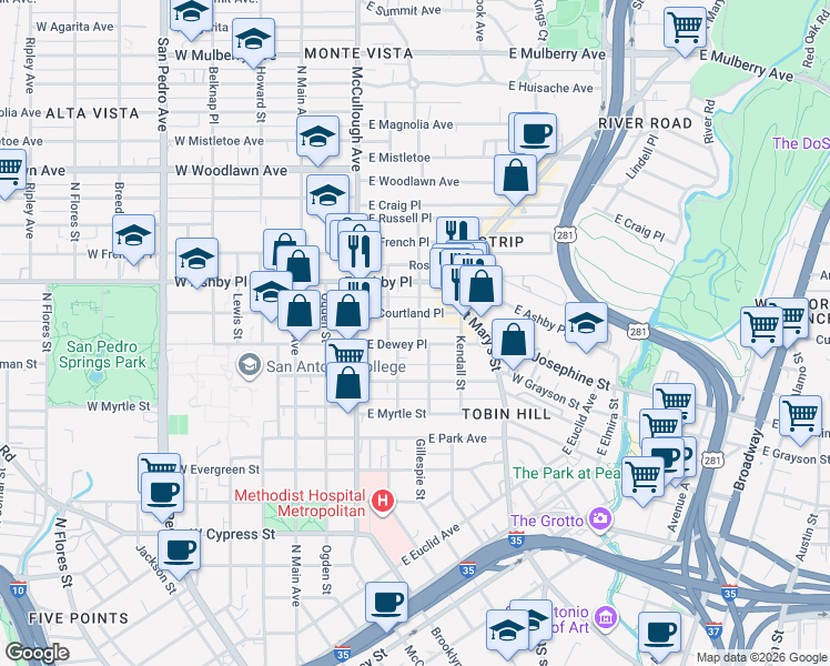 map of restaurants, bars, coffee shops, grocery stores, and more near 420 East Courtland Place in San Antonio