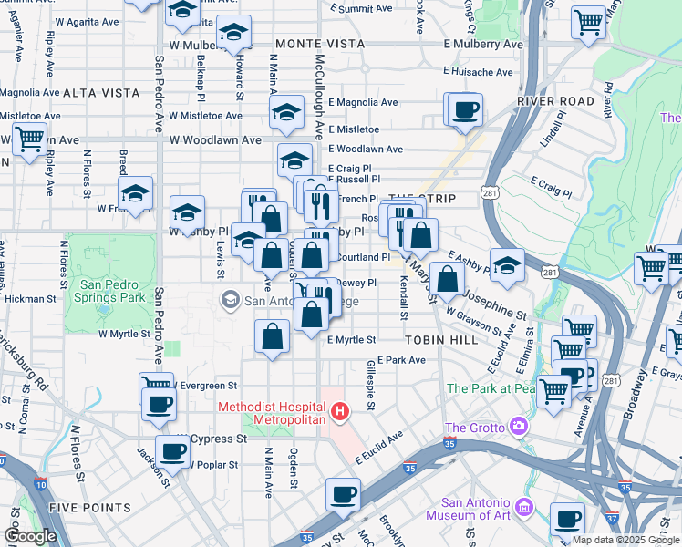 map of restaurants, bars, coffee shops, grocery stores, and more near 304 East Courtland Place in San Antonio