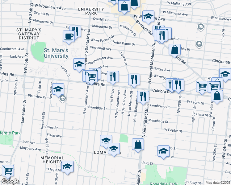 map of restaurants, bars, coffee shops, grocery stores, and more near 2842 Culebra Road in San Antonio