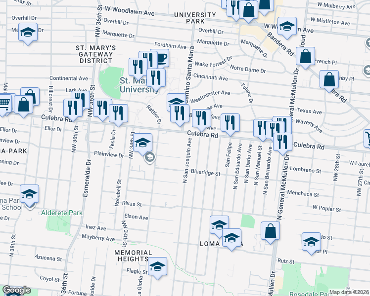 map of restaurants, bars, coffee shops, grocery stores, and more near 677 North San Joaquin Avenue in San Antonio