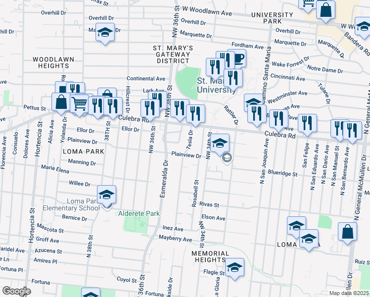 map of restaurants, bars, coffee shops, grocery stores, and more near 207 Vanley Drive in San Antonio