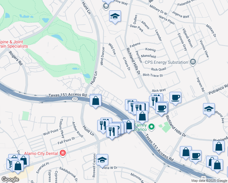 map of restaurants, bars, coffee shops, grocery stores, and more near Unnamed Road in San Antonio