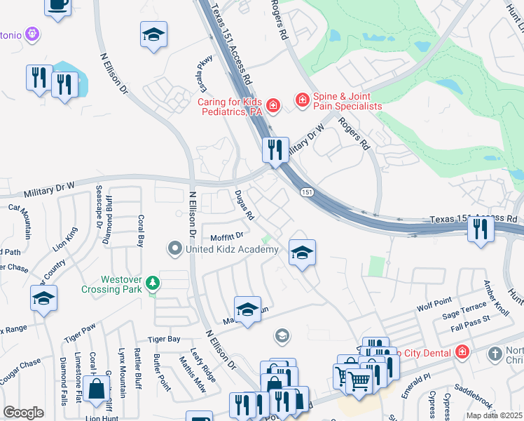 map of restaurants, bars, coffee shops, grocery stores, and more near 8838 Dugas Road in San Antonio