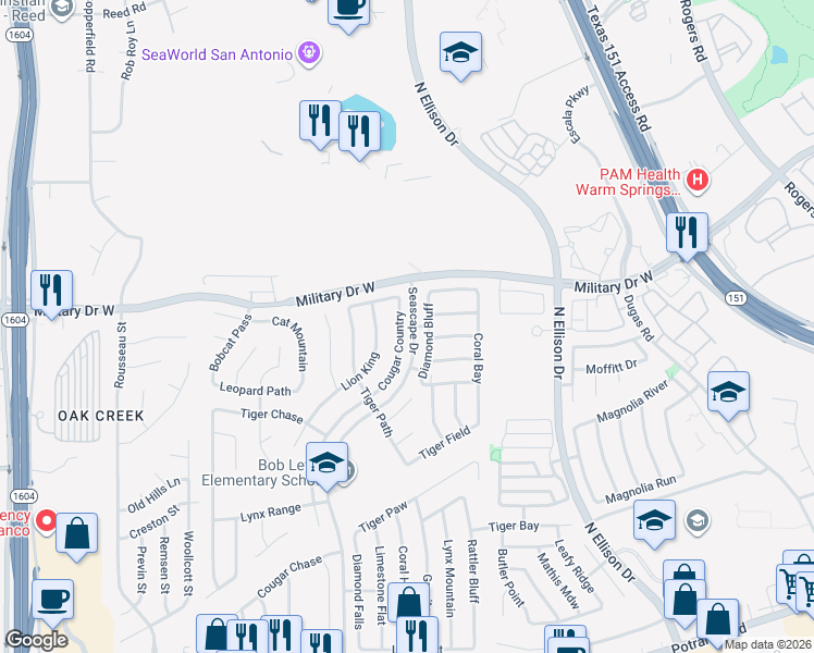 map of restaurants, bars, coffee shops, grocery stores, and more near 1415 Diamond Bluff in San Antonio