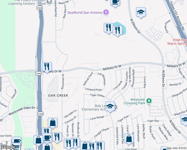 map of restaurants, bars, coffee shops, grocery stores, and more near 10639 Cat Mountain in San Antonio