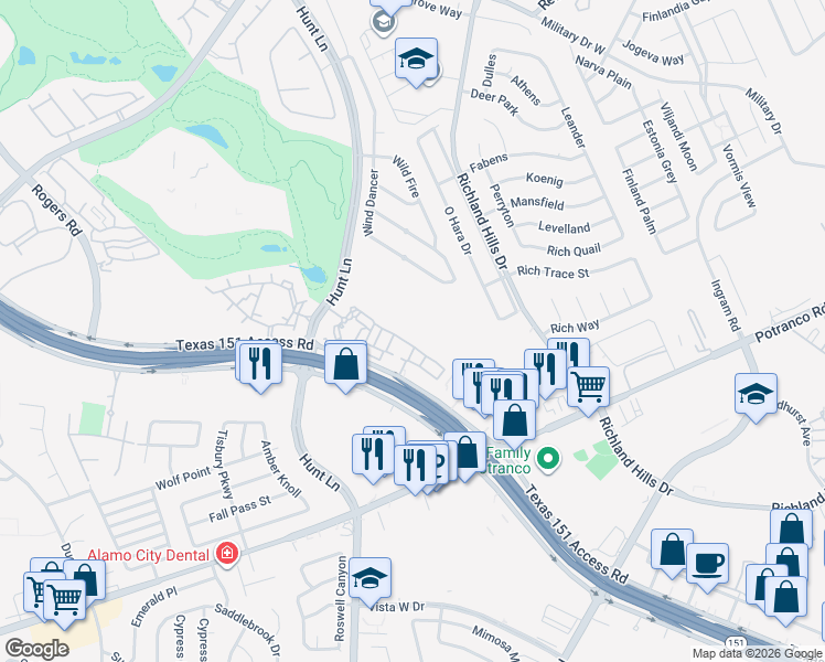 map of restaurants, bars, coffee shops, grocery stores, and more near Unnamed Road in San Antonio