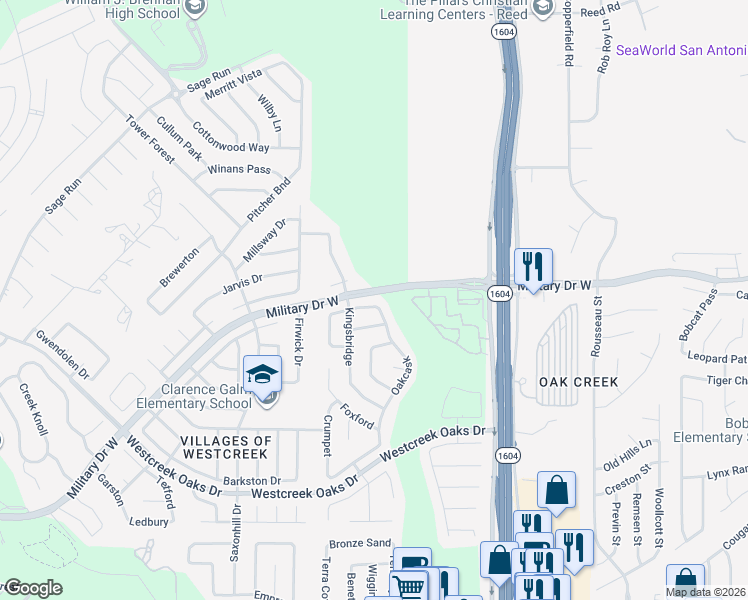 map of restaurants, bars, coffee shops, grocery stores, and more near 1638 Oakcask in San Antonio