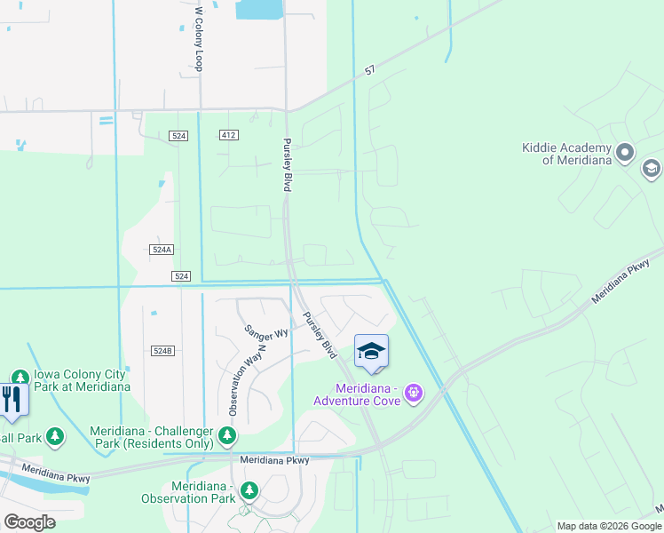 map of restaurants, bars, coffee shops, grocery stores, and more near 4880 County Road 57 in Manvel
