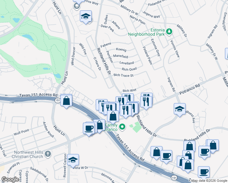 map of restaurants, bars, coffee shops, grocery stores, and more near 1207 Richland Hills Drive in San Antonio