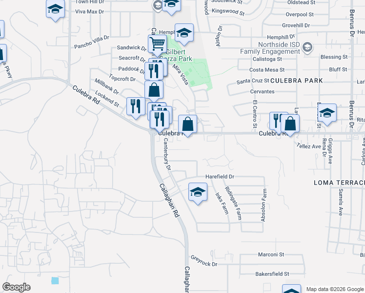 map of restaurants, bars, coffee shops, grocery stores, and more near 5802 Culebra Road in San Antonio