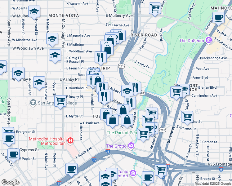 map of restaurants, bars, coffee shops, grocery stores, and more near 742 East Ashby Place in San Antonio