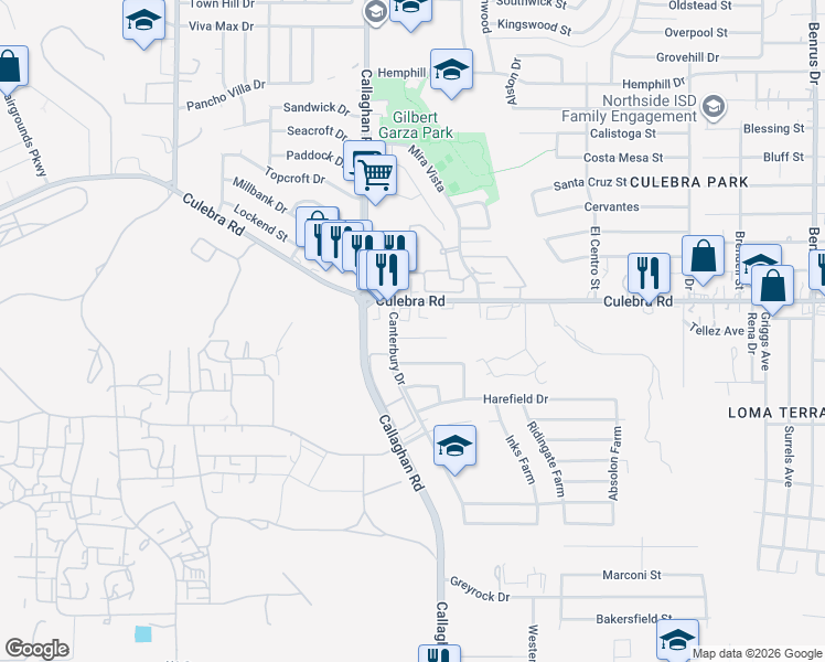 map of restaurants, bars, coffee shops, grocery stores, and more near 5818 Culebra Road in San Antonio