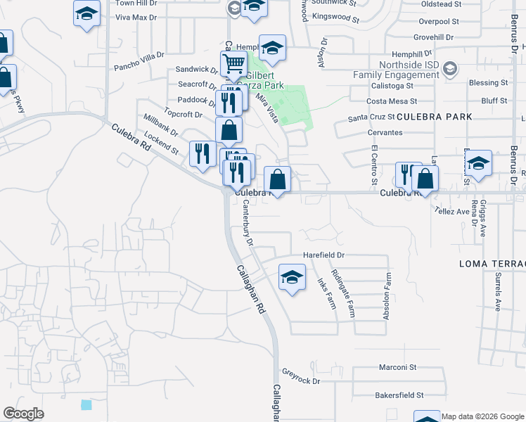 map of restaurants, bars, coffee shops, grocery stores, and more near 5818 Culebra Road in San Antonio
