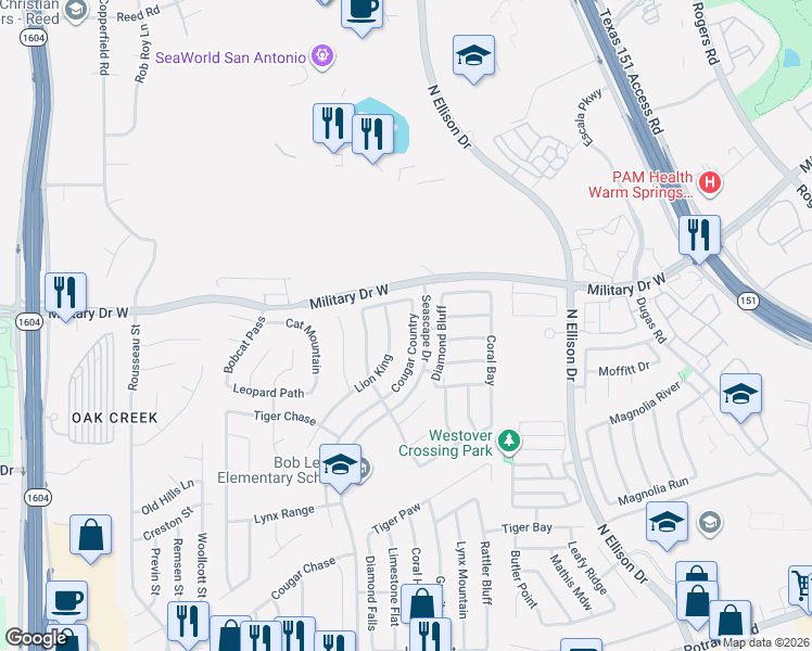 map of restaurants, bars, coffee shops, grocery stores, and more near 10424 Cub Haven in San Antonio