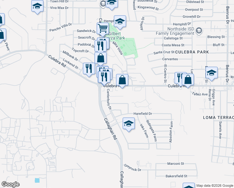 map of restaurants, bars, coffee shops, grocery stores, and more near 5818 Culebra Road in San Antonio