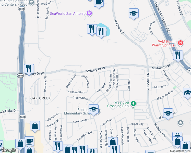 map of restaurants, bars, coffee shops, grocery stores, and more near 1335 Tiger Path in San Antonio