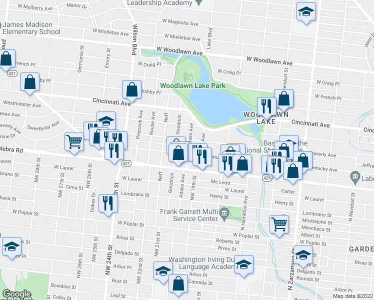 map of restaurants, bars, coffee shops, grocery stores, and more near 1410 Waverly Avenue in San Antonio